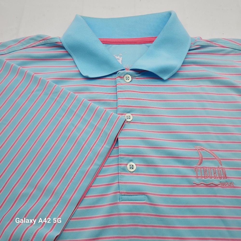Dunning Mens Tiburon‎ Naples Golf Polo Shirt Blue Pink Striped Performance XL